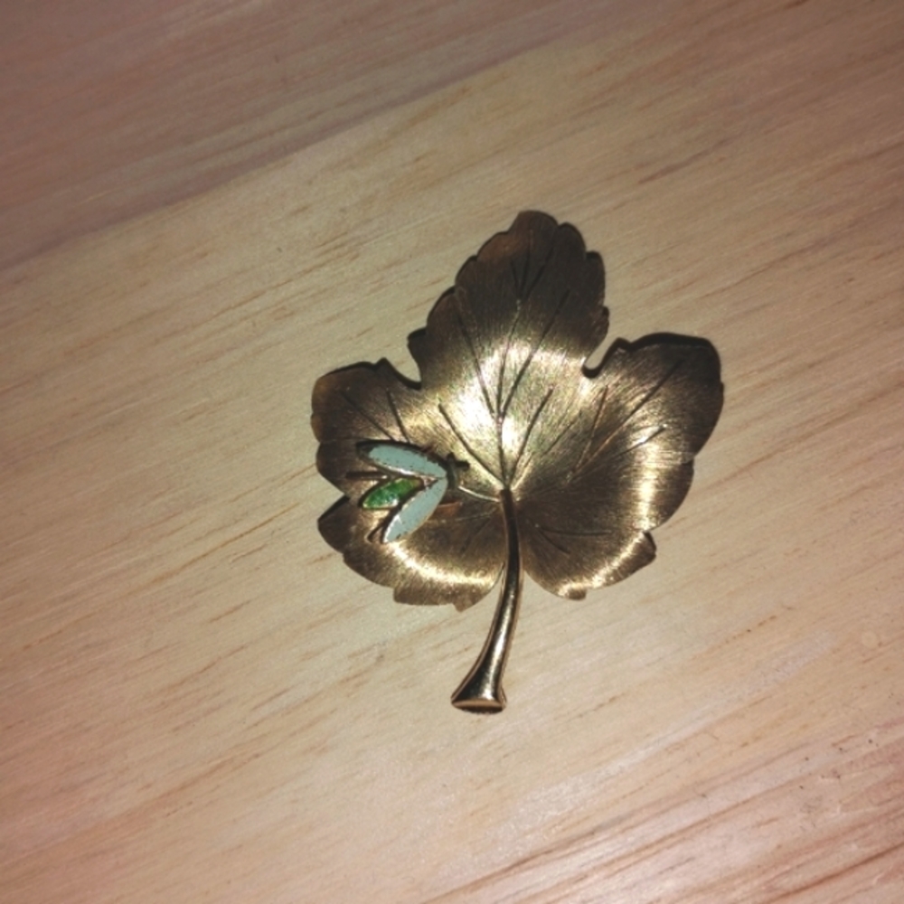 Krementz Gold Leaf Brooch with Insect Attached